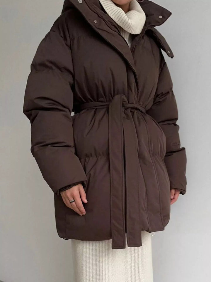 Belted puffer winter coat with snap-off hood