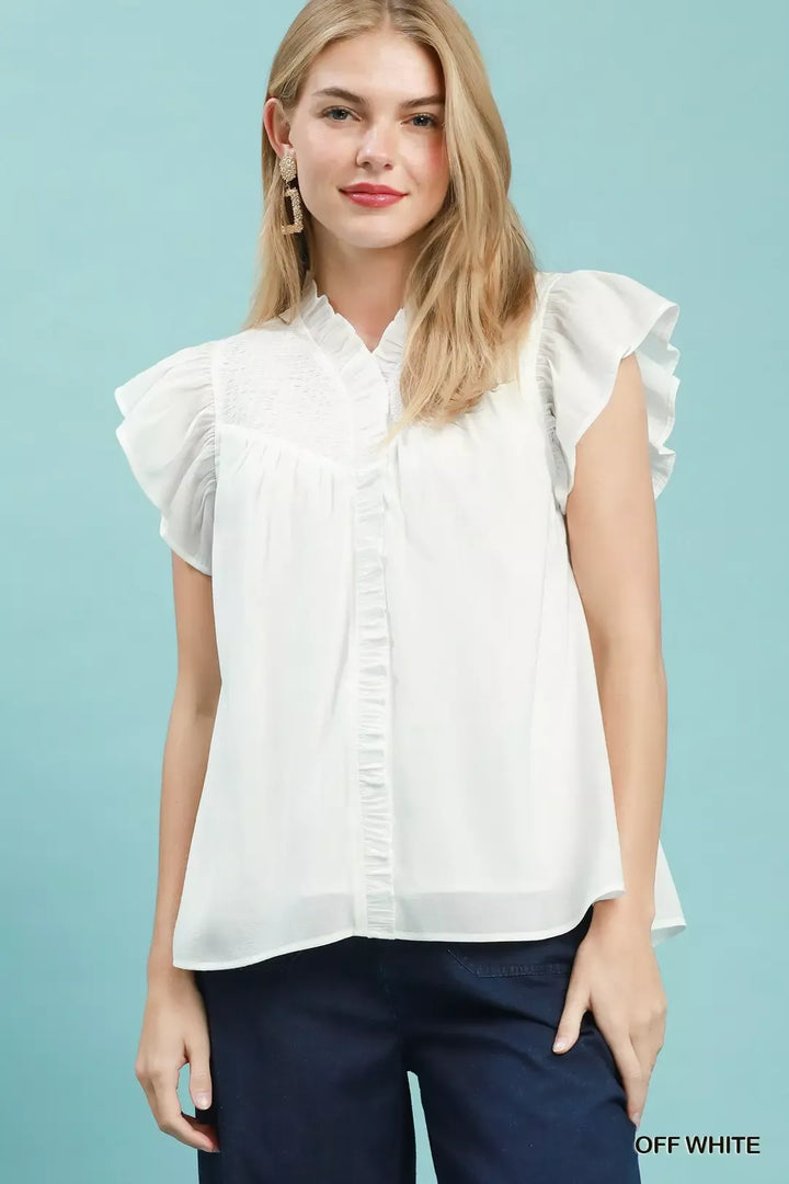 OFF WHITE Smocked yoke button-front blouse with ruffle cap sleeves