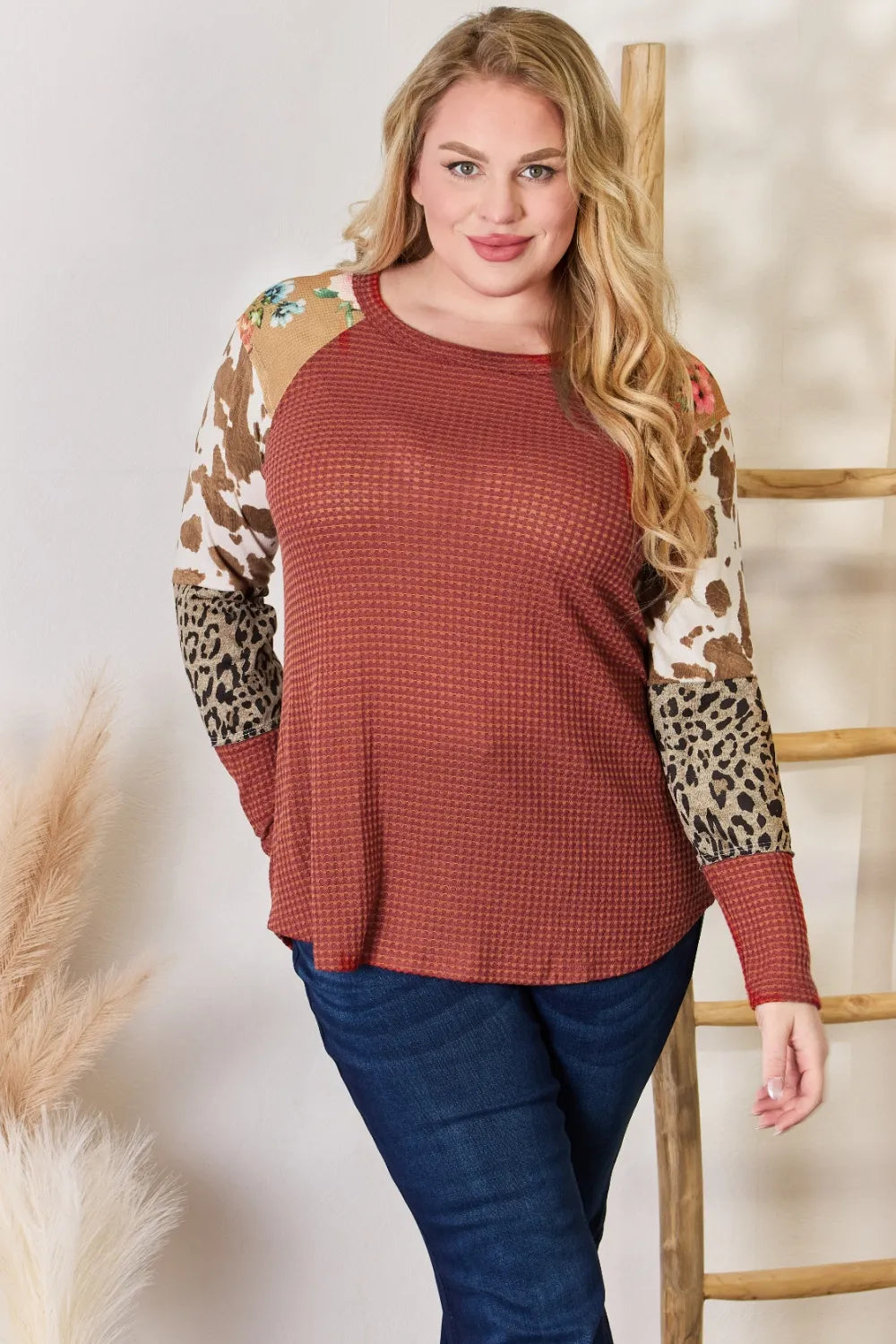 Waffle-knit top with leopard and floral print sleeves