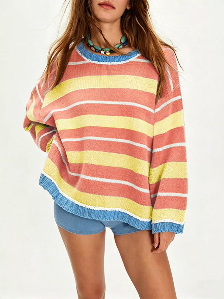 Orange Oversized striped knit crew neck sweater with ribbed trim
