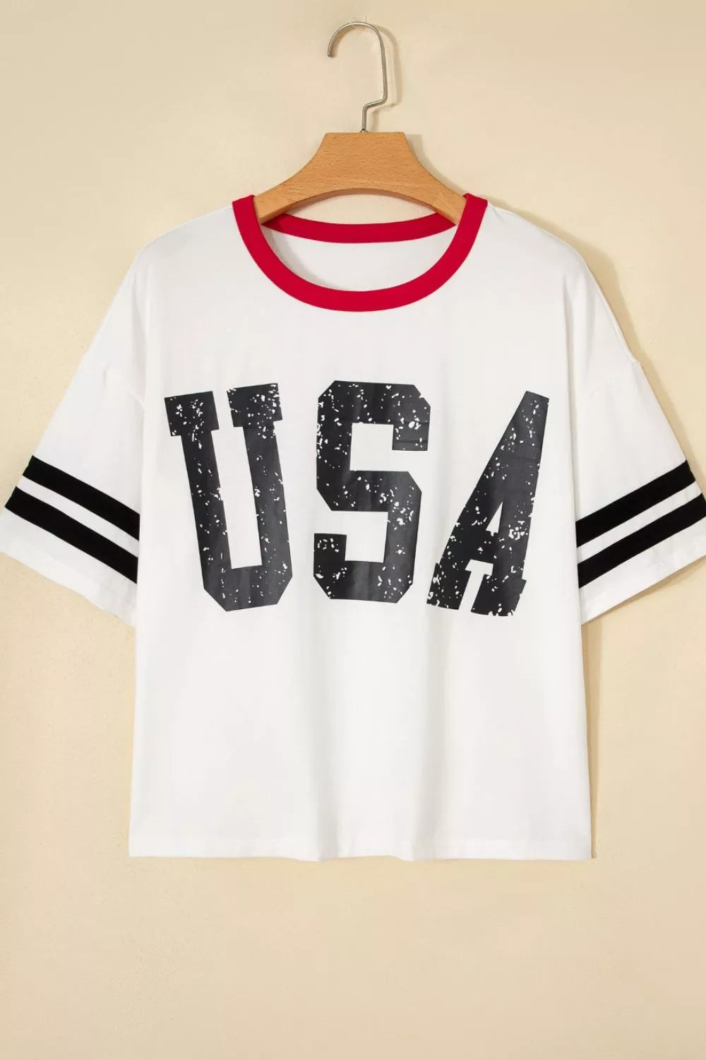 Distressed USA graphic varsity tee with striped sleeves