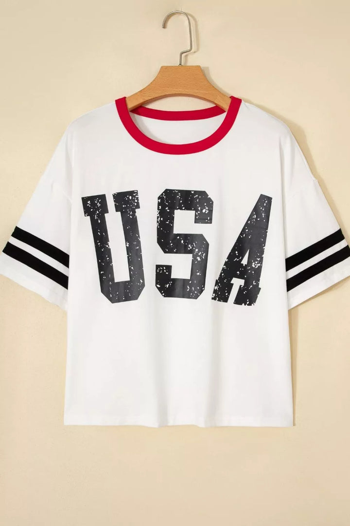 Distressed USA graphic varsity tee with striped sleeves