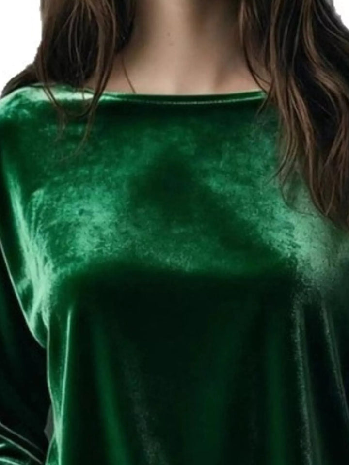 Velvet long sleeve boat neck top with dropped shoulders