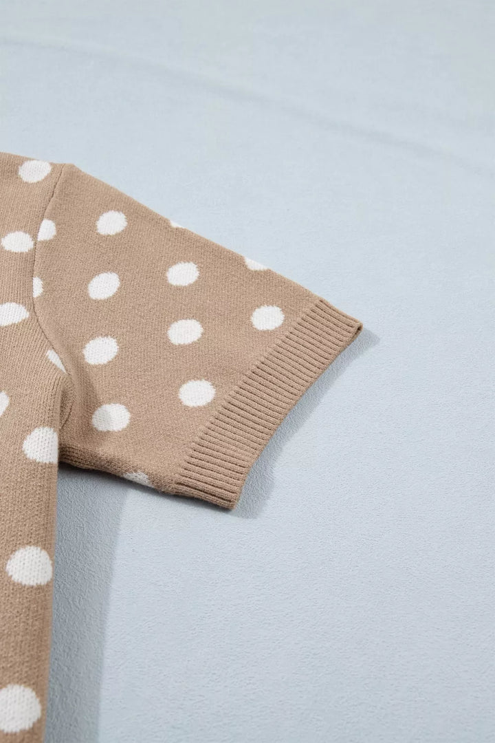 Polka dot short sleeve button-down knit cardigan