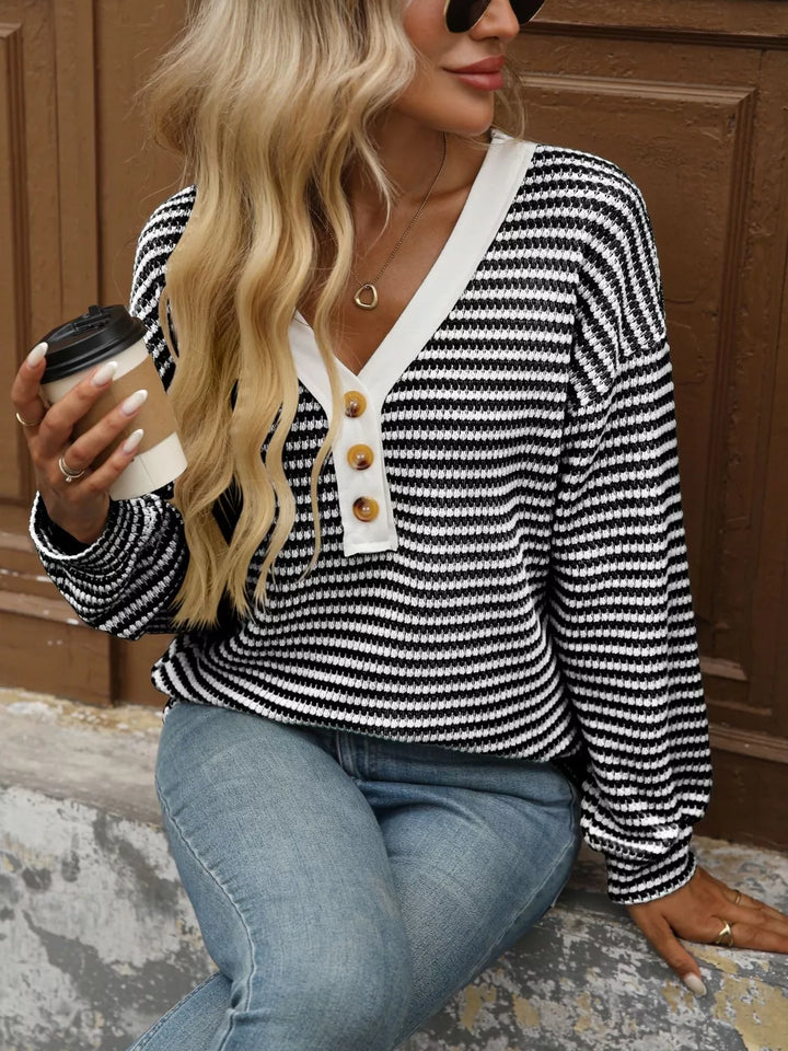 Black Striped waffle knit henley top with button placket