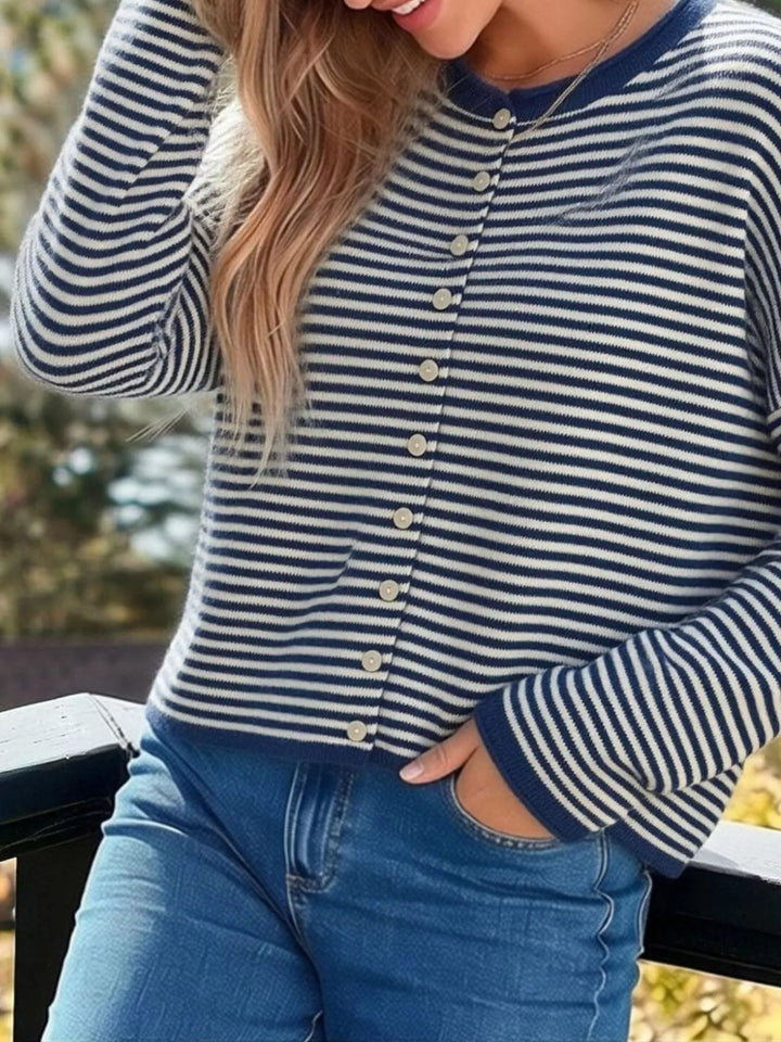 Dark Blue Stripes Striped button-front knit cardigan with drop shoulders