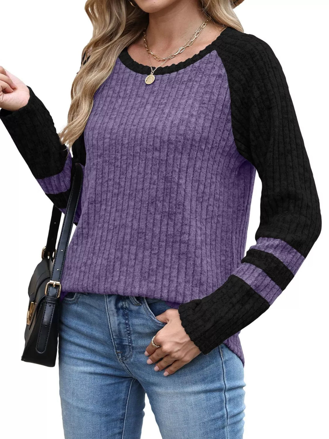 Ribbed knit raglan long sleeve top with varsity stripe sleeves