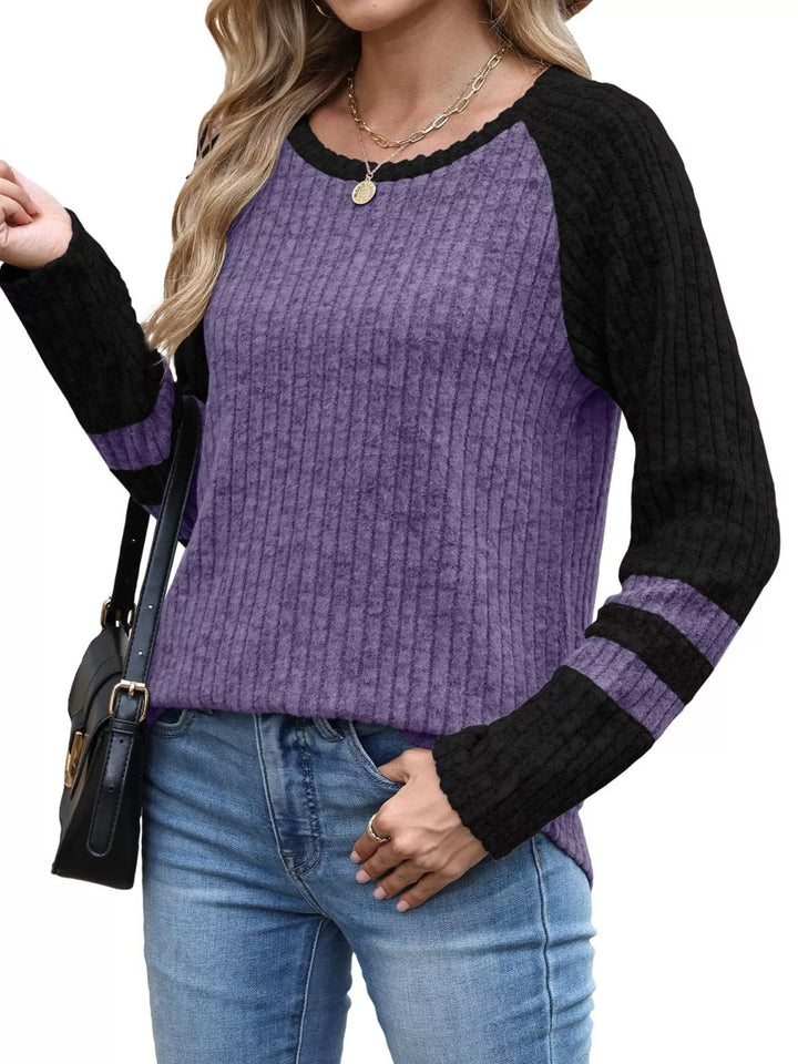 Ribbed knit raglan long sleeve top with varsity stripe sleeves
