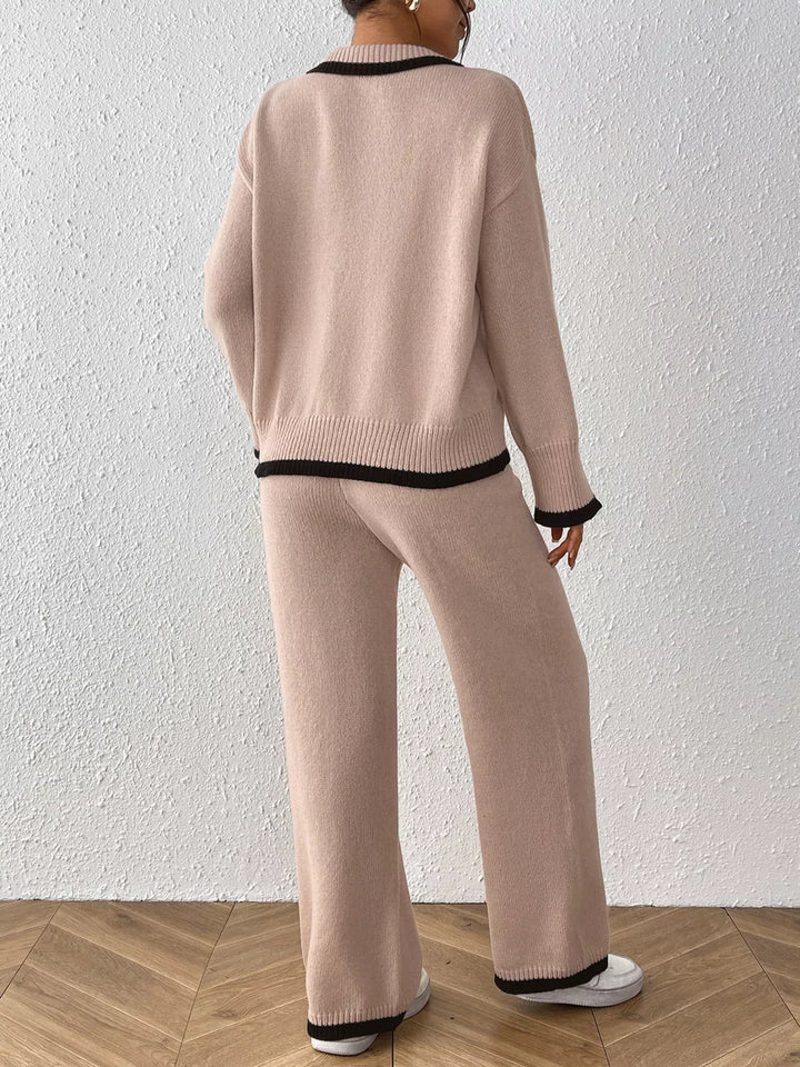 Contrast trim polo collar sweater and wide leg pants set