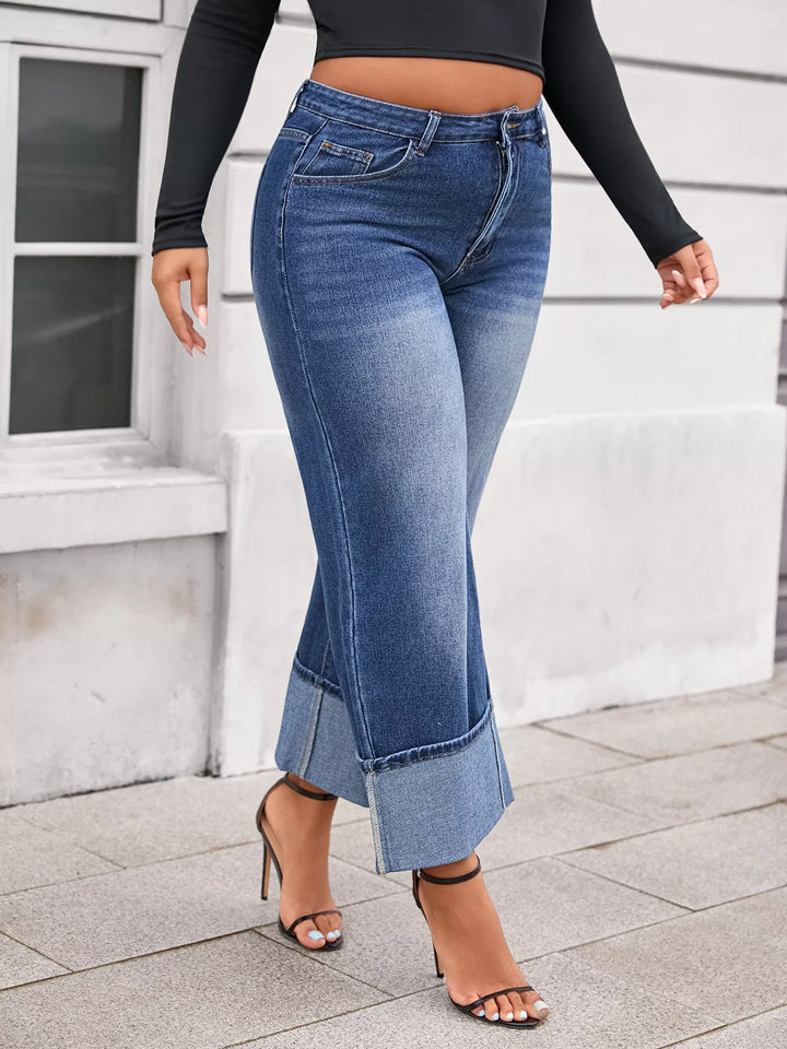Plus size high-rise wide-leg jeans with deep cuffed hem