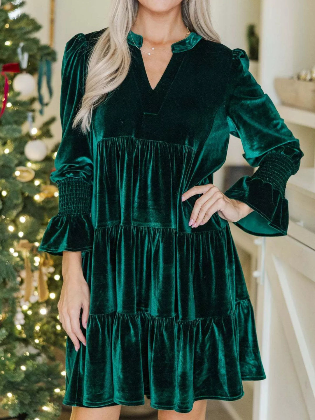 Dark Green Tiered velvet mini dress with smocked ruffle cuffs