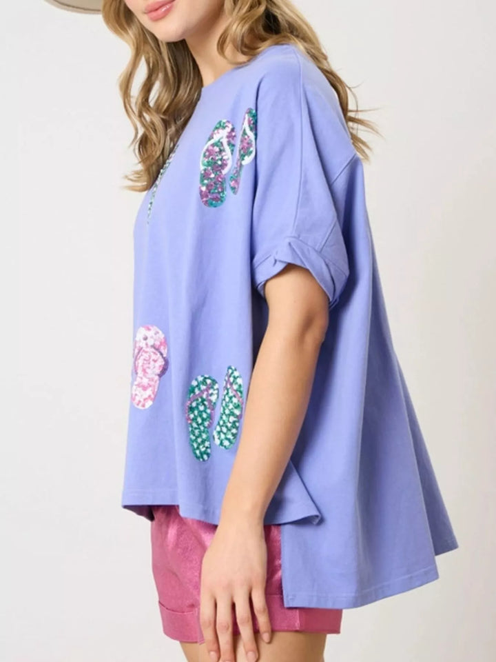 Scattered sequin flip-flop graphic short sleeve tee