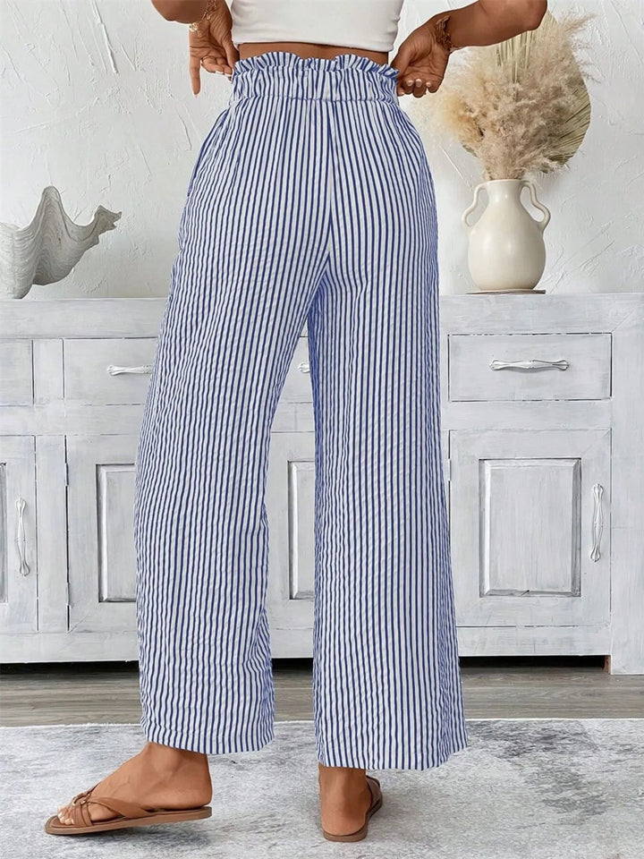 Striped wide-leg paper bag pants with tie belt