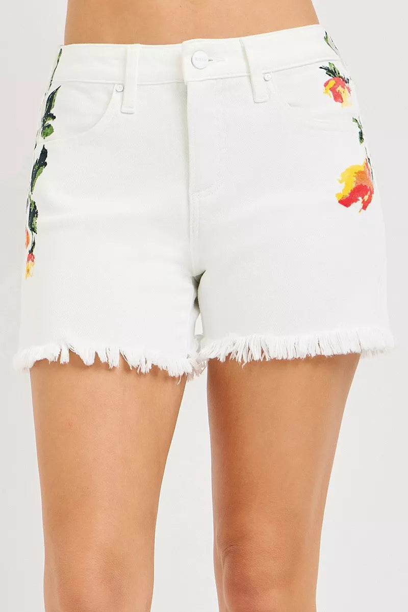 WHITE High-rise embroidered floral denim shorts with raw hem