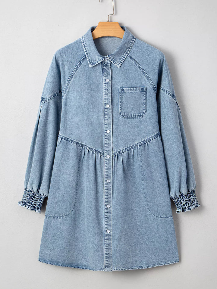 Smocked cuff flared denim mini shirt dress with patch pockets