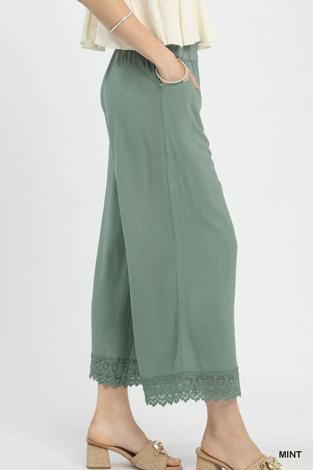 Wide-leg cropped linen pants with lace hem trim