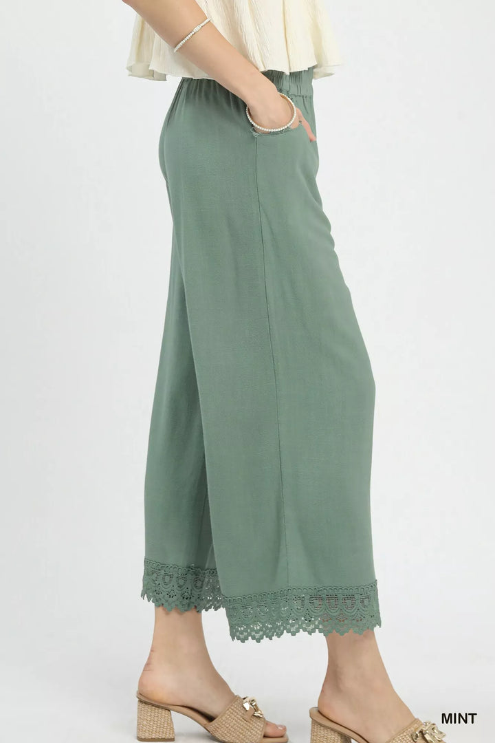 Wide-leg cropped linen pants with lace hem trim
