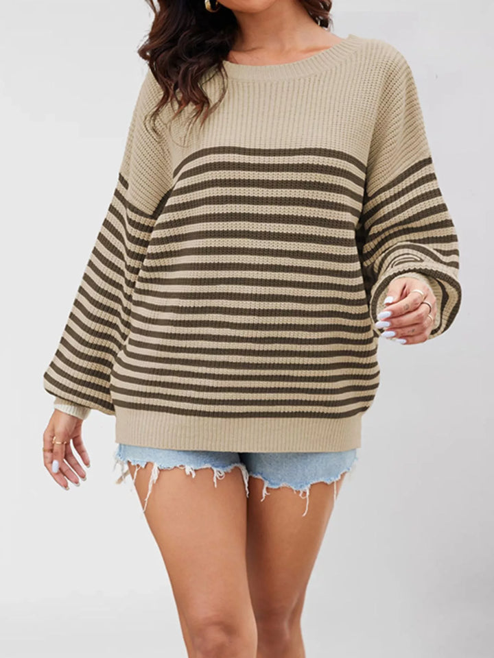 Brown Striped ribbed knit drop shoulder pullover sweater