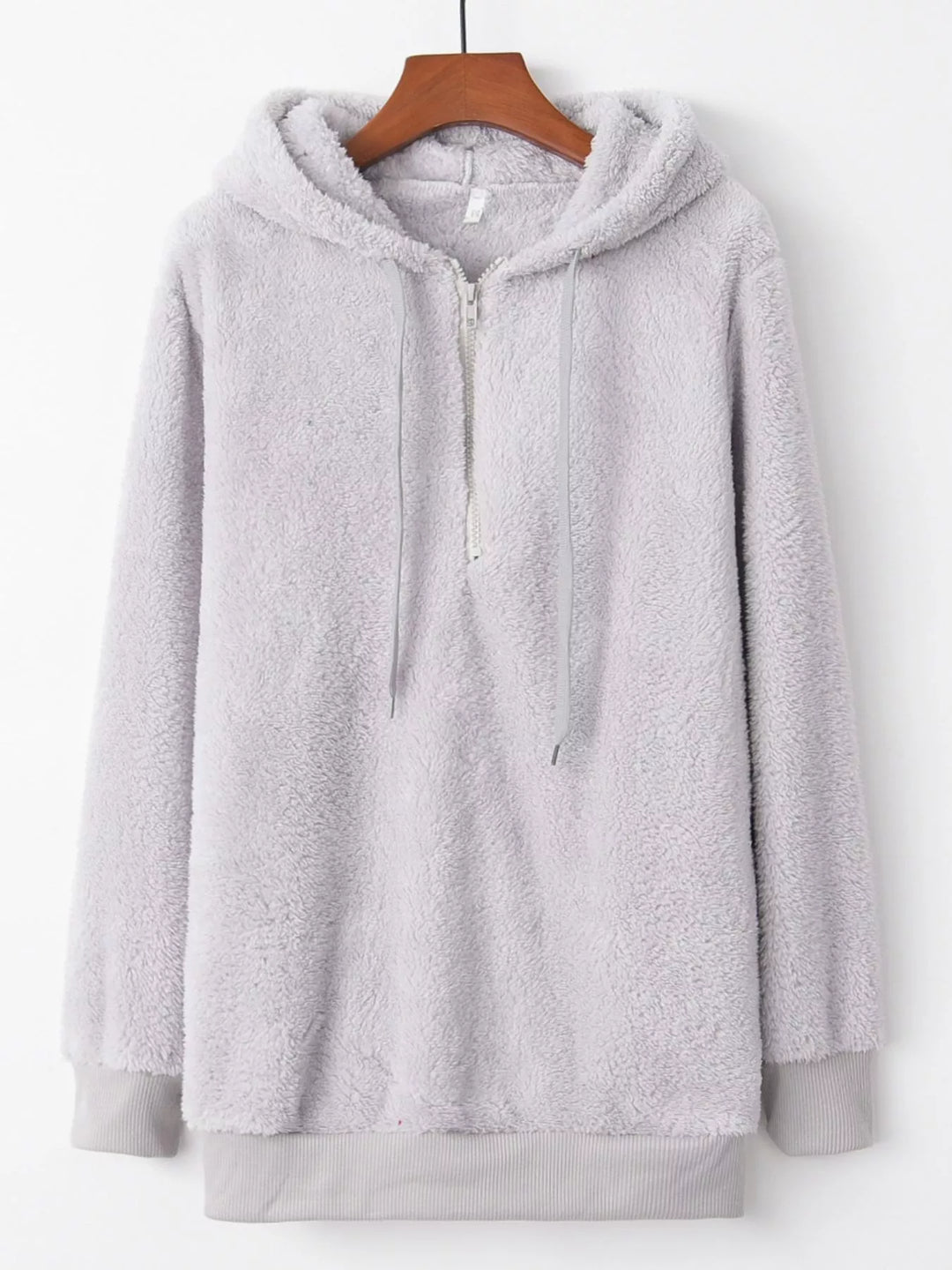 Light Gray Plush half-zip fleece hoodie with drawstring hood and pockets