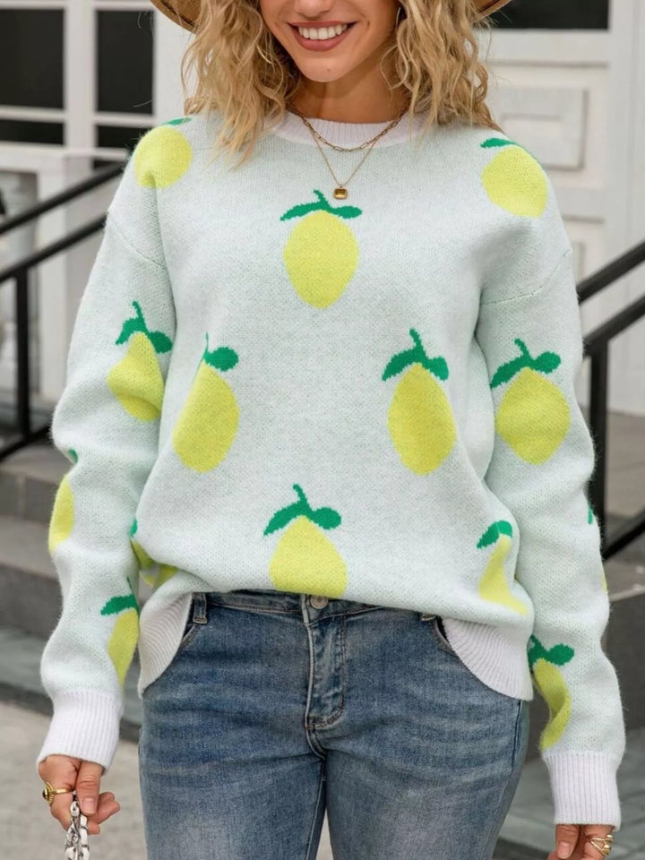 Lemon motif crew neck knit sweater with ribbed trim