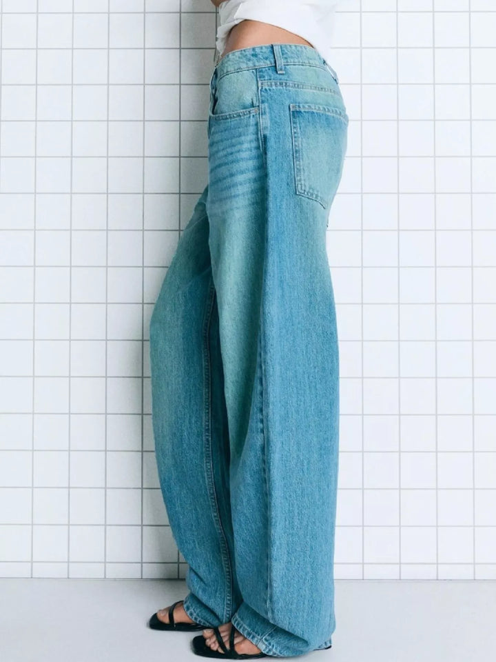 Mid-rise wide-leg washed denim jeans with five-pocket styling