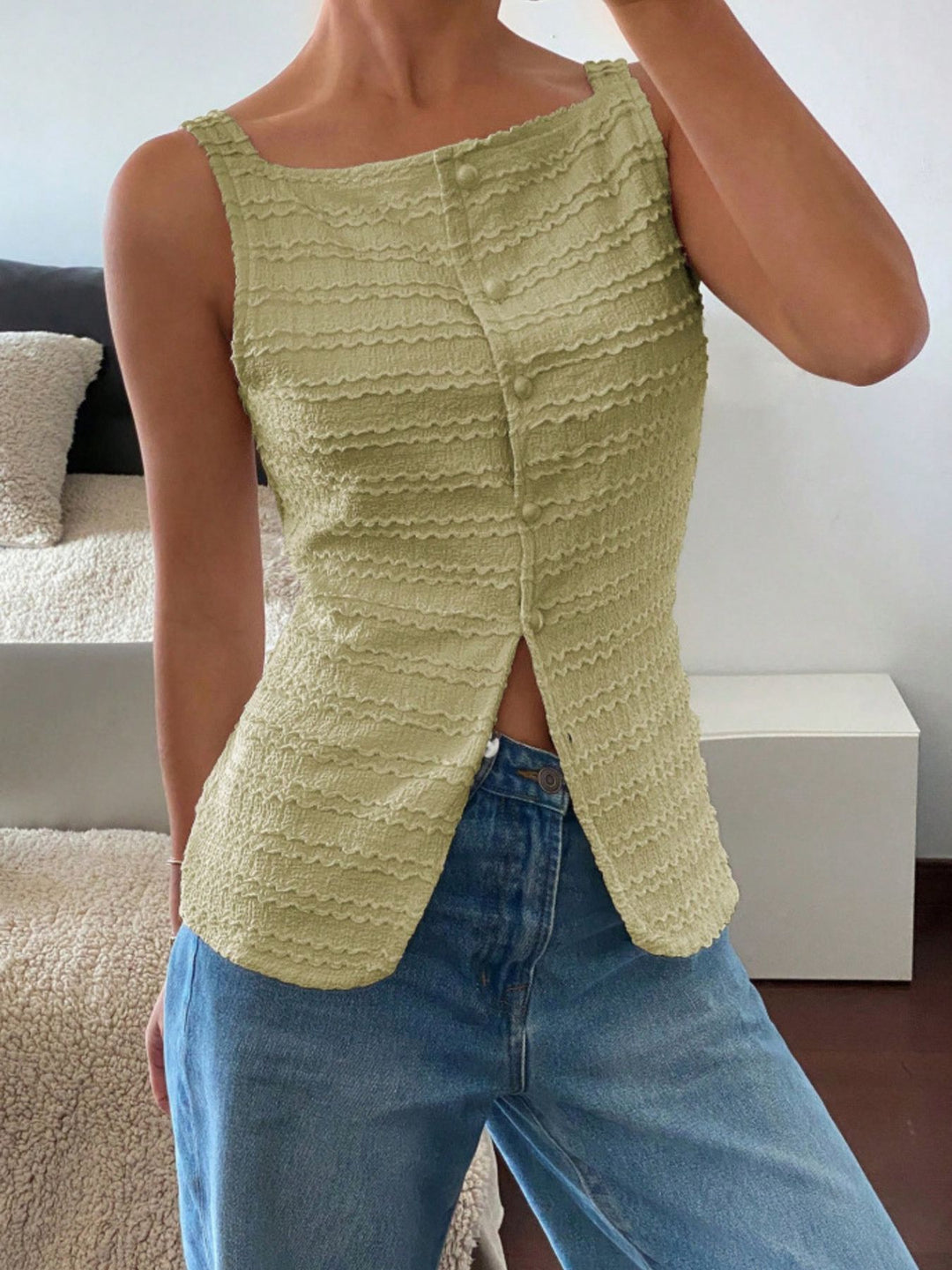 Textured button-front tank with square neck and split hem