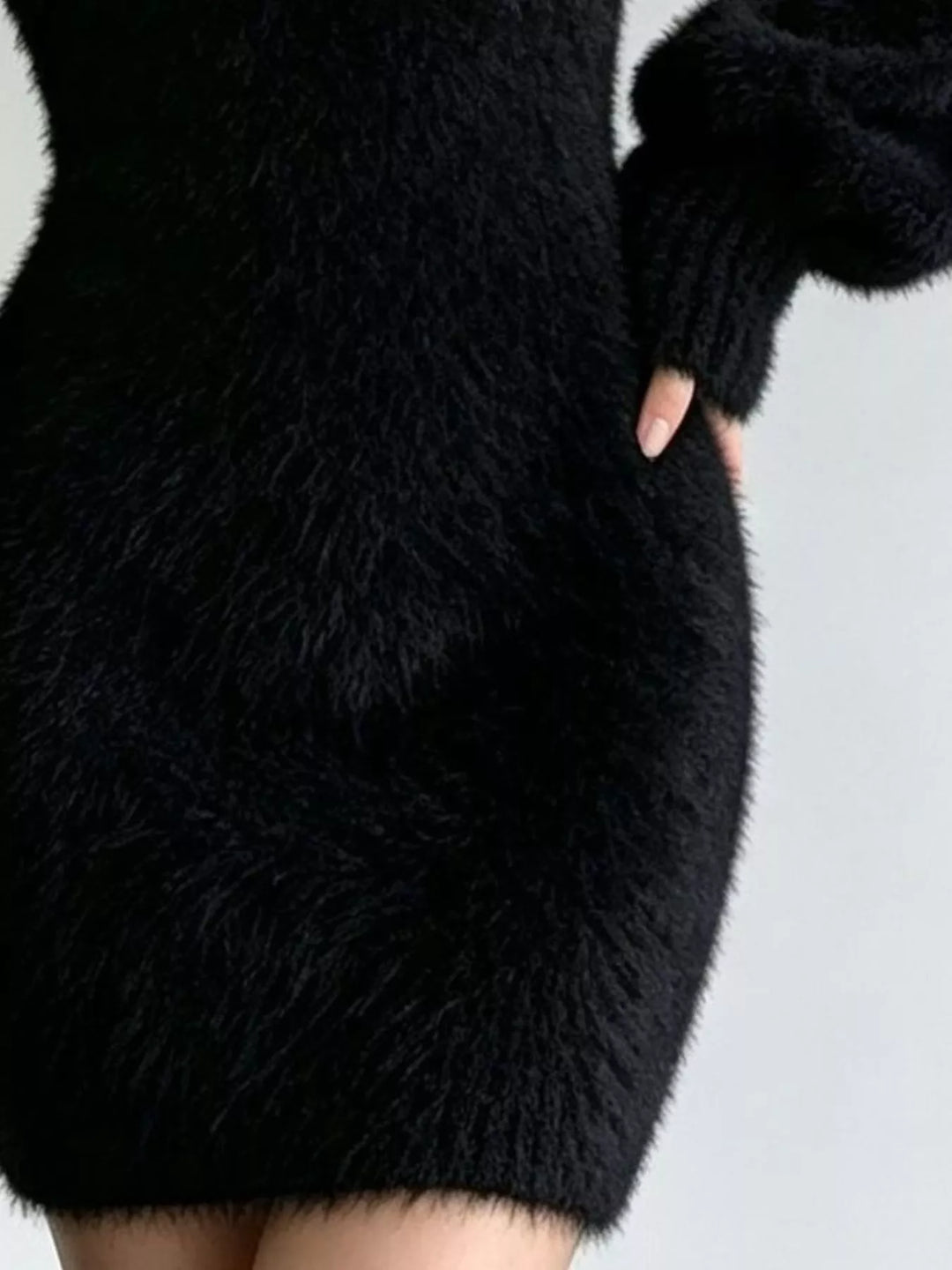 Fuzzy eyelash knit V-neck sweater mini dress