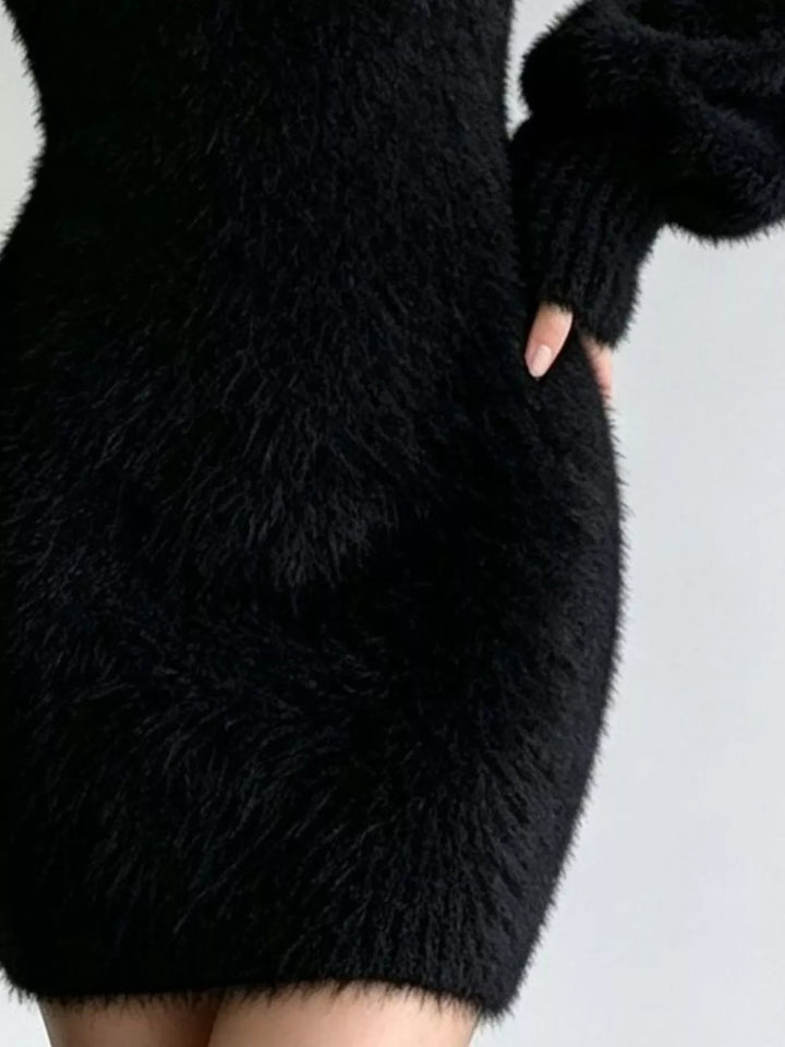Fuzzy eyelash knit V-neck sweater mini dress