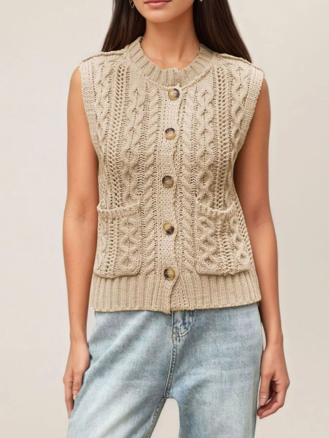 Cable knit button-down sweater vest with patch pockets