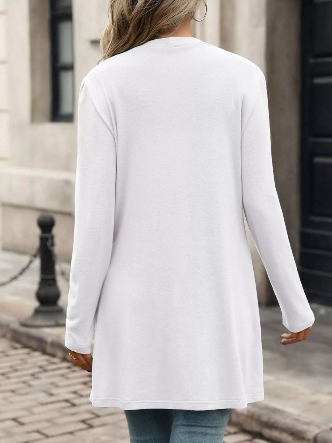 Longline V-neck button-front cardigan with patch pockets
