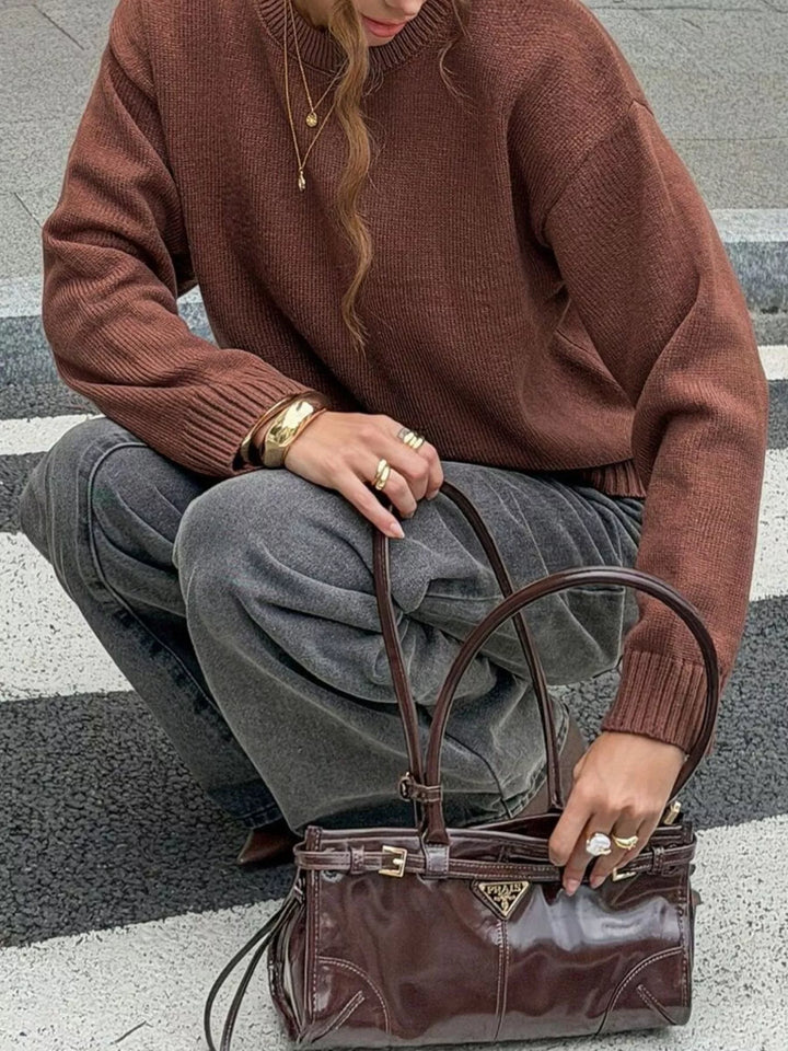 Ribbed trim crew neck drop shoulder pullover sweater