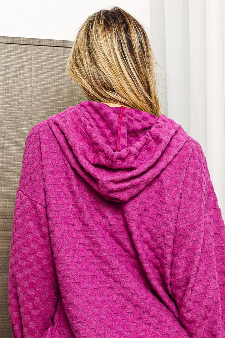 Brushed checker textured knit drawstring hoodie