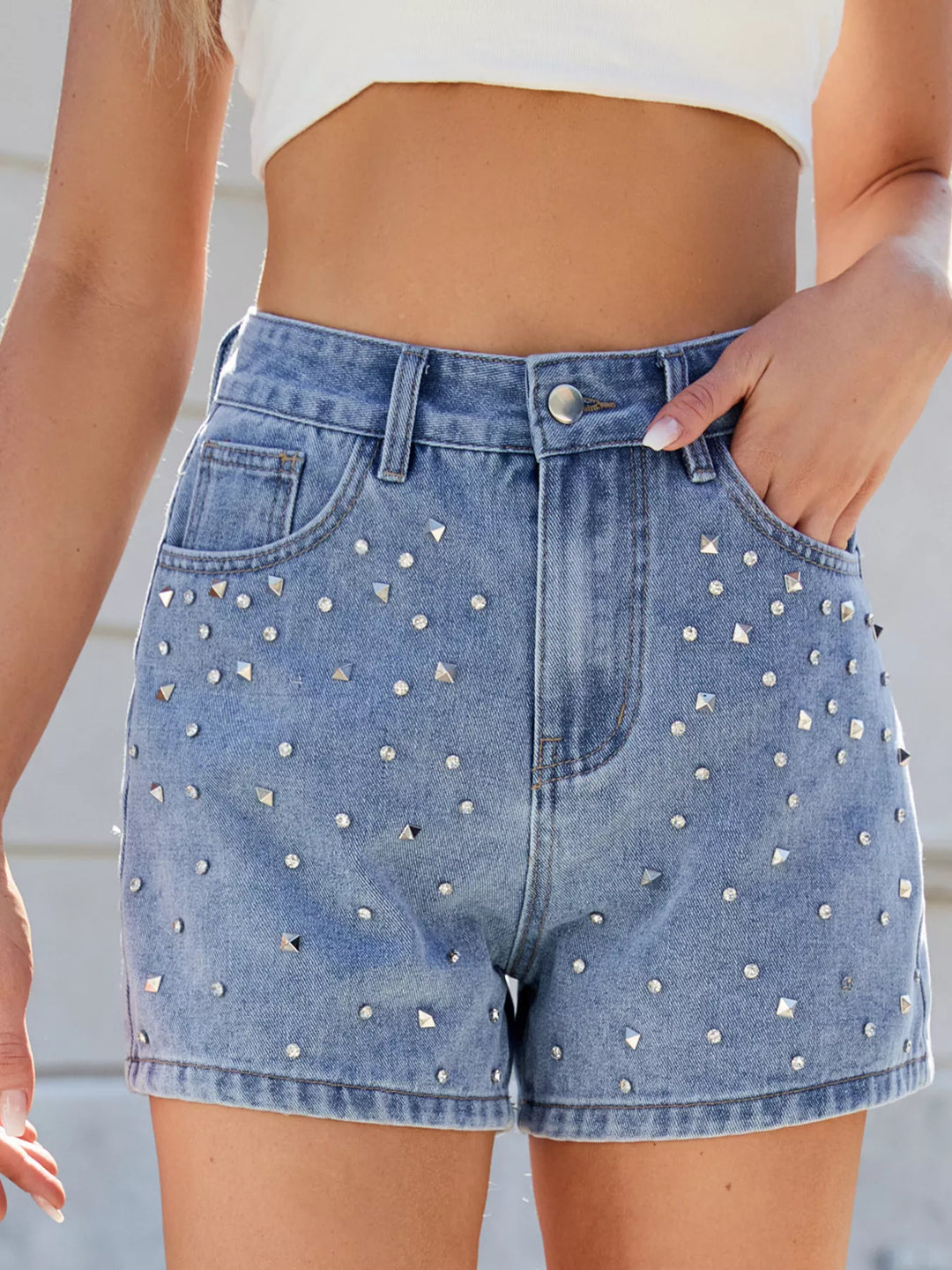 Studded rhinestone high-waist denim shorts