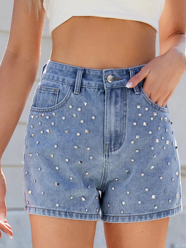 Studded rhinestone high-waist denim shorts