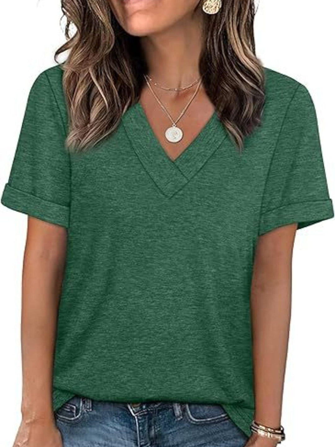 Dark Green Relaxed V-neck short sleeve tee with rolled cuffs