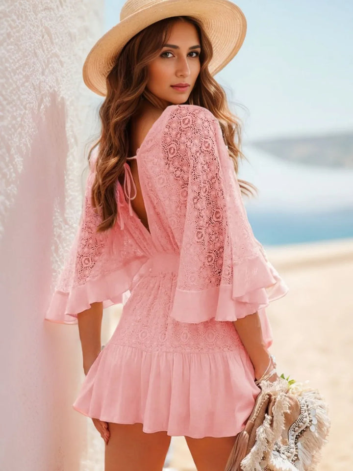 Ruffle-hem tie-back lace mini dress with flutter sleeves