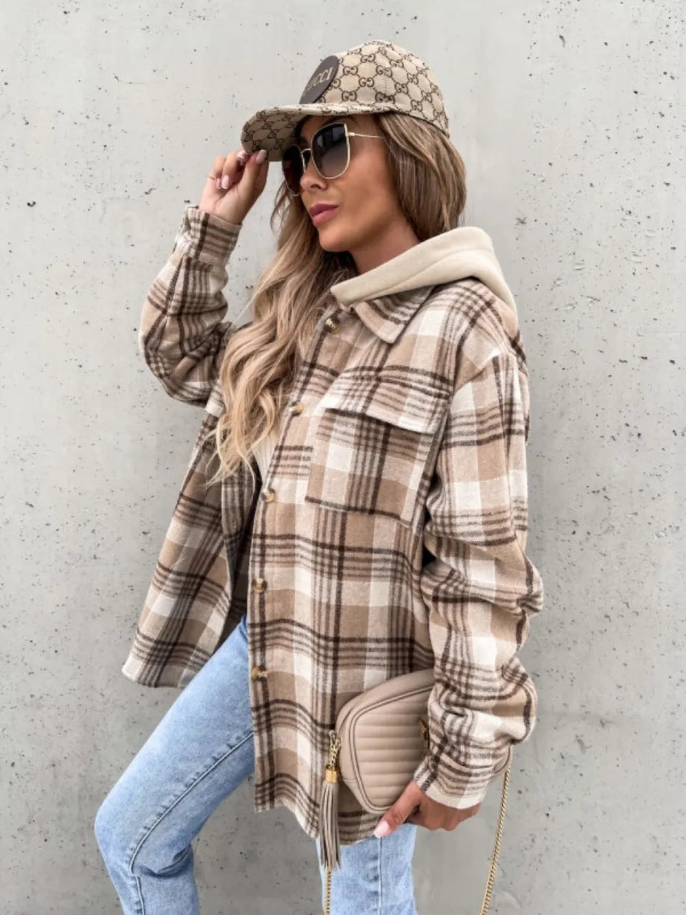 Plaid hooded shacket with drop shoulders and chest pockets