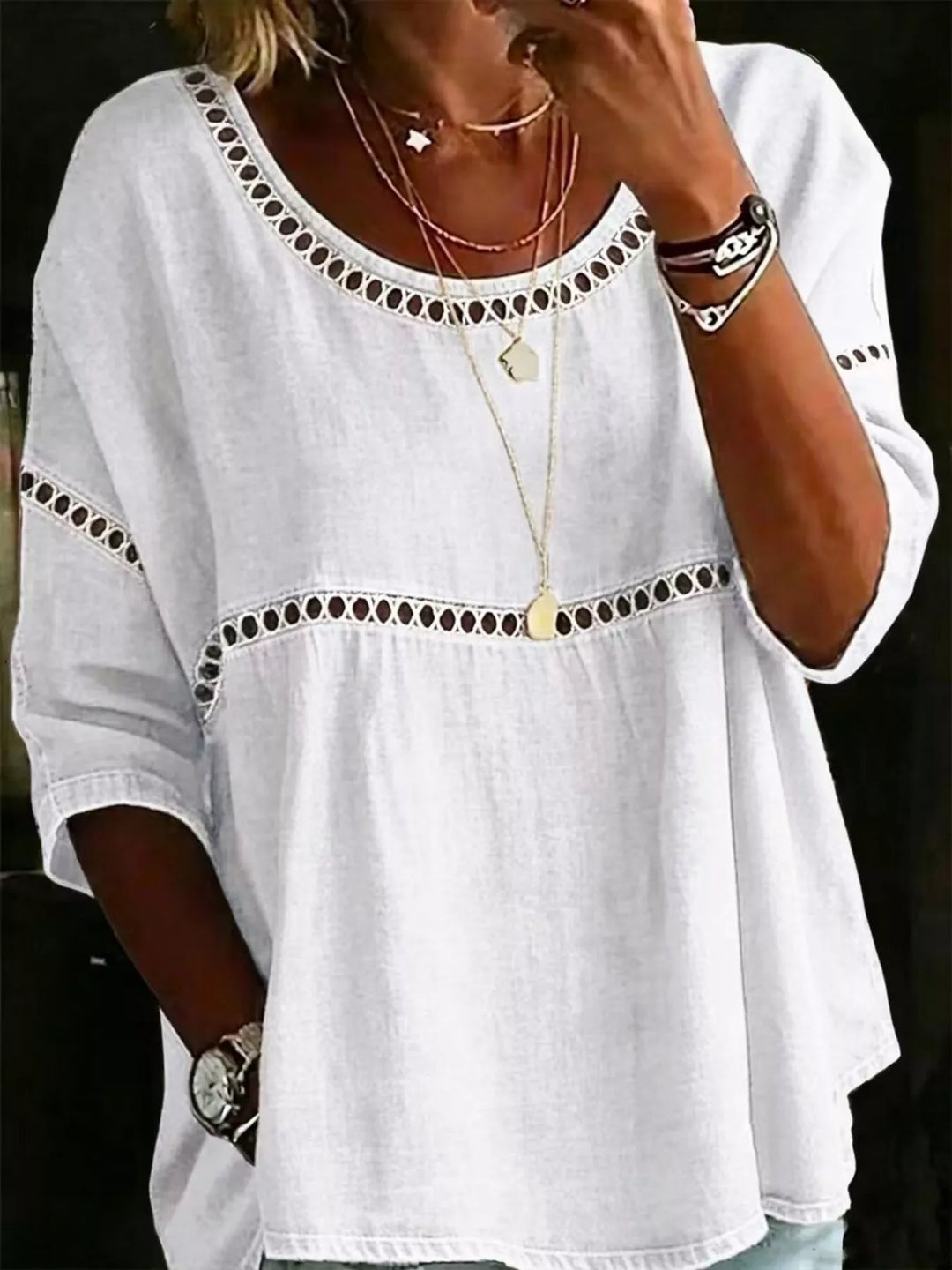 White Floral print crochet-trim tunic top with 3/4 sleeves