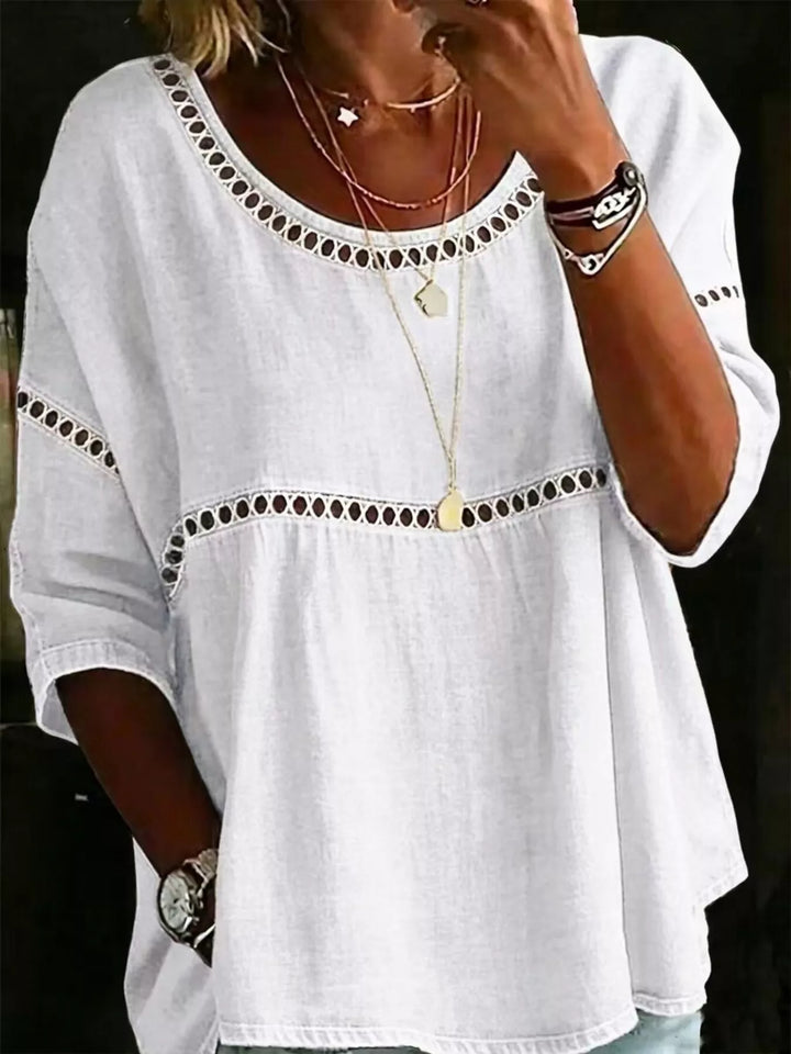 White Floral print crochet-trim tunic top with 3/4 sleeves