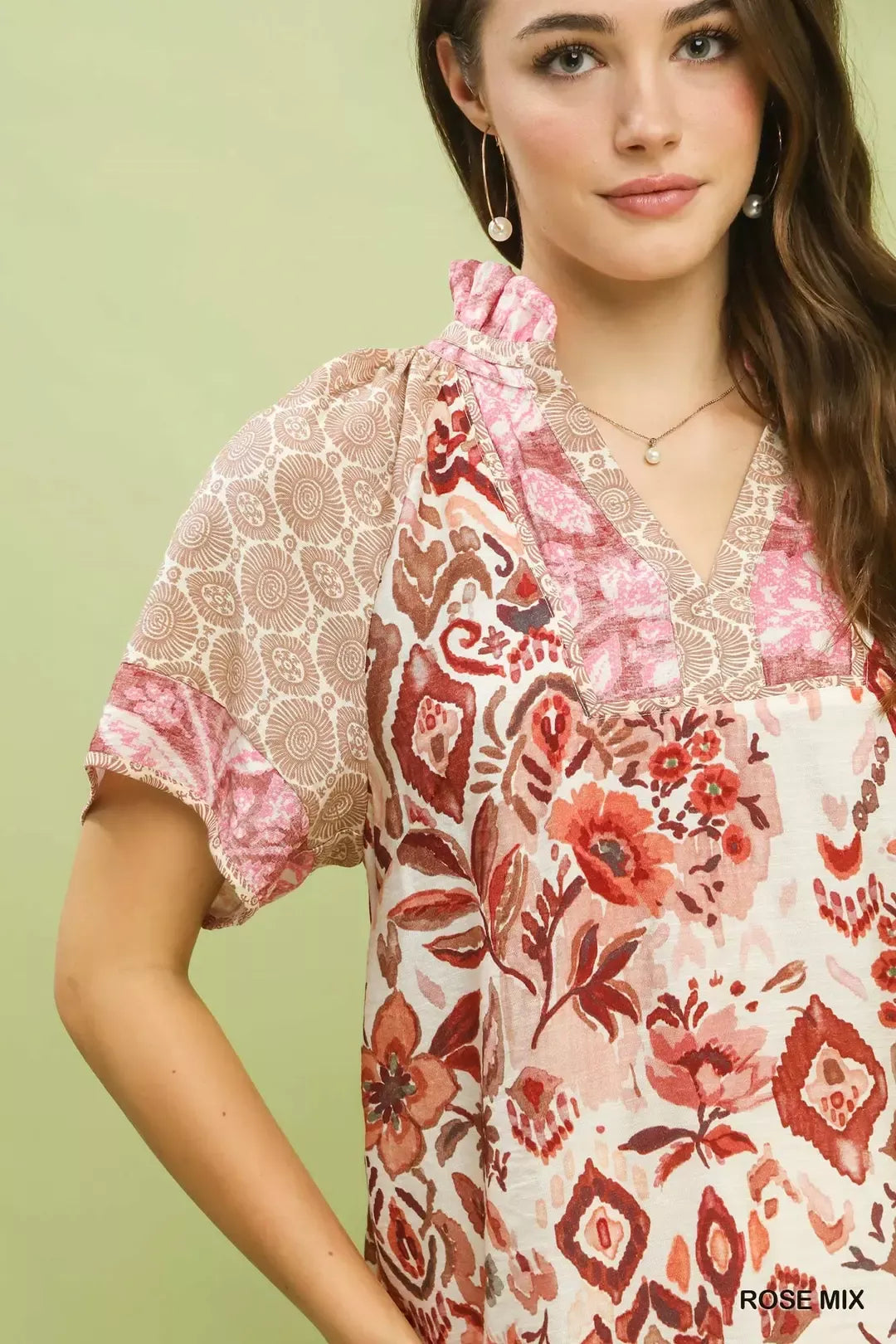 Mixed print patchwork short sleeve blouse with split V-neck