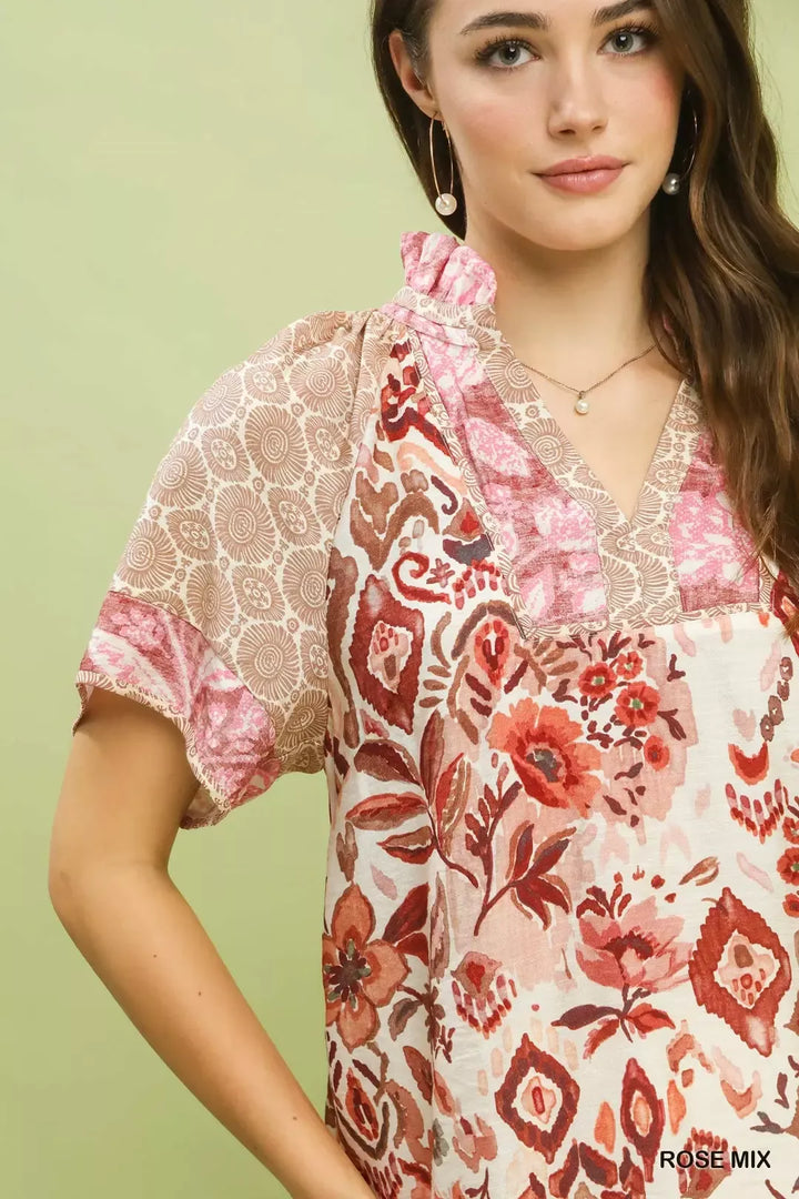 Mixed print patchwork short sleeve blouse with split V-neck