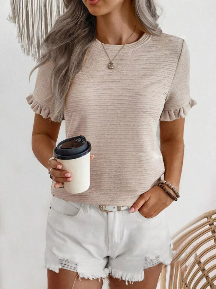 Ruffle-cuff crew neck top with crinkle texture