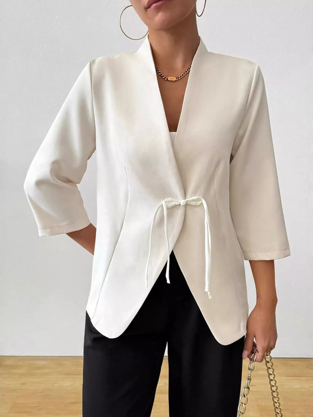 Milky White Open-front tie-waist blazer with three-quarter sleeves