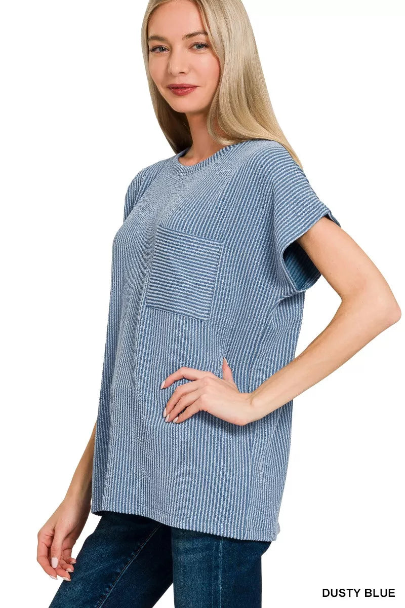 Raised rib knit boxy top with chest pocket