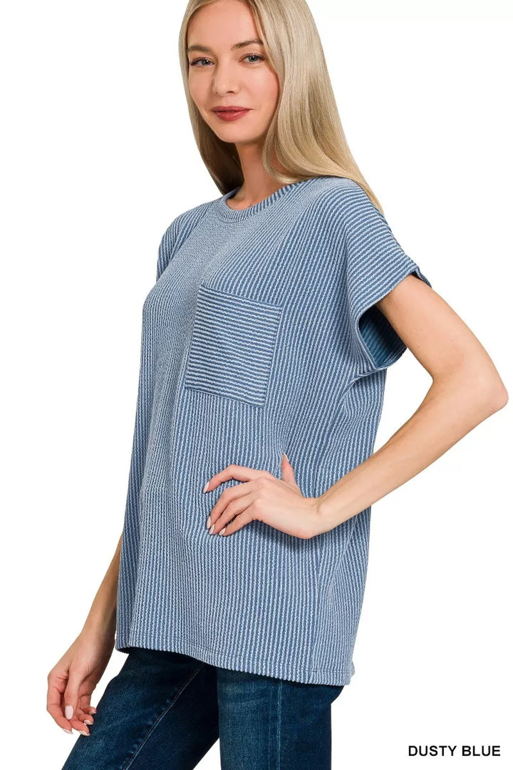 Raised rib knit boxy top with chest pocket