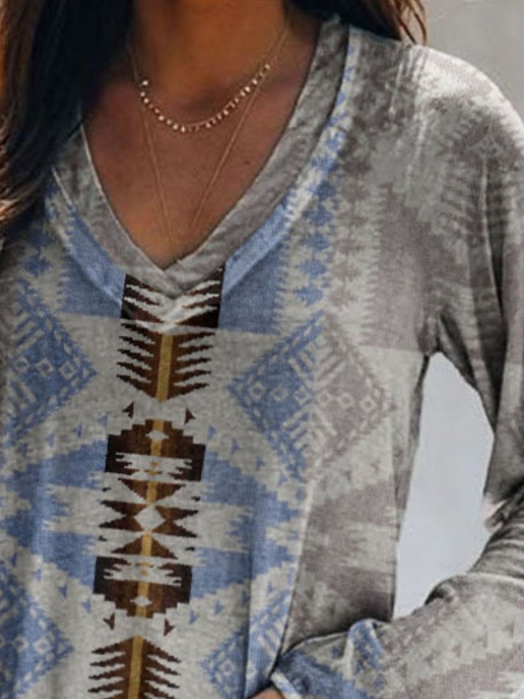 Aztec geometric print v-neck long sleeve top