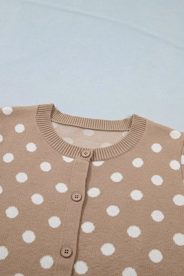 Polka dot short sleeve button-down knit cardigan