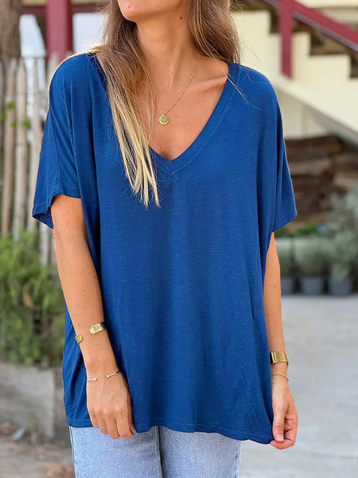 Blue Relaxed v-neck heathered jersey tee with batwing sleeves