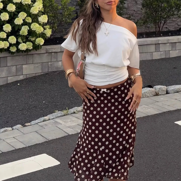 Dark Brown Polka dot chiffon midi skirt with bow waist