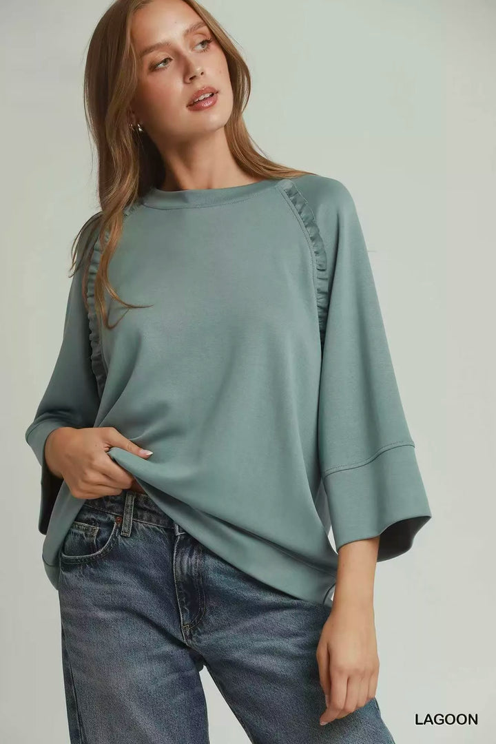 LAGOON Ruffle trim raglan 3/4 sleeve relaxed top